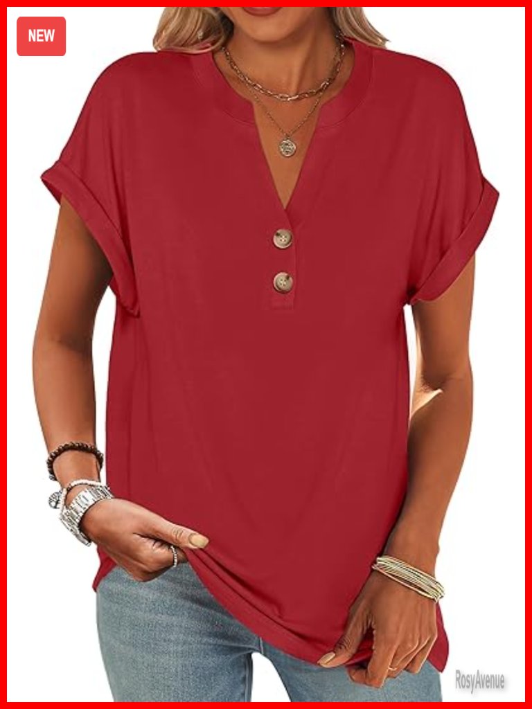 Short Sleeve Henley V-Neck Blouse - Loose Fit Dressy Casual Tee